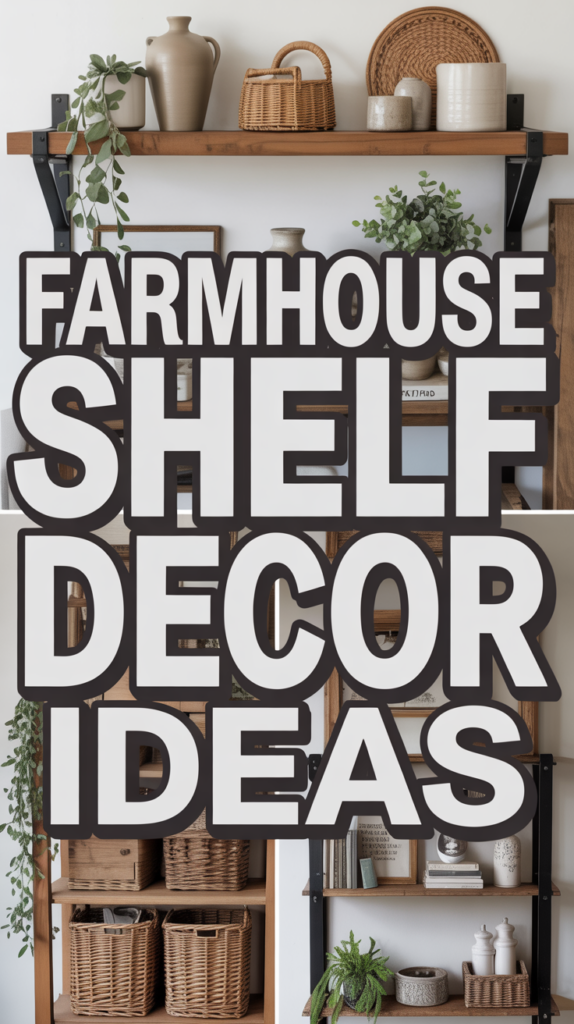 Shelves adorned with plants, wicker baskets, pottery, and books, showcasing farmhouse decor ideas.
