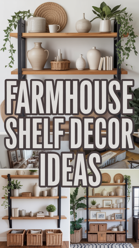 Decorative shelves with rustic pottery, plants, and woven baskets, labeled "Farmhouse Shelf Decor Ideas."