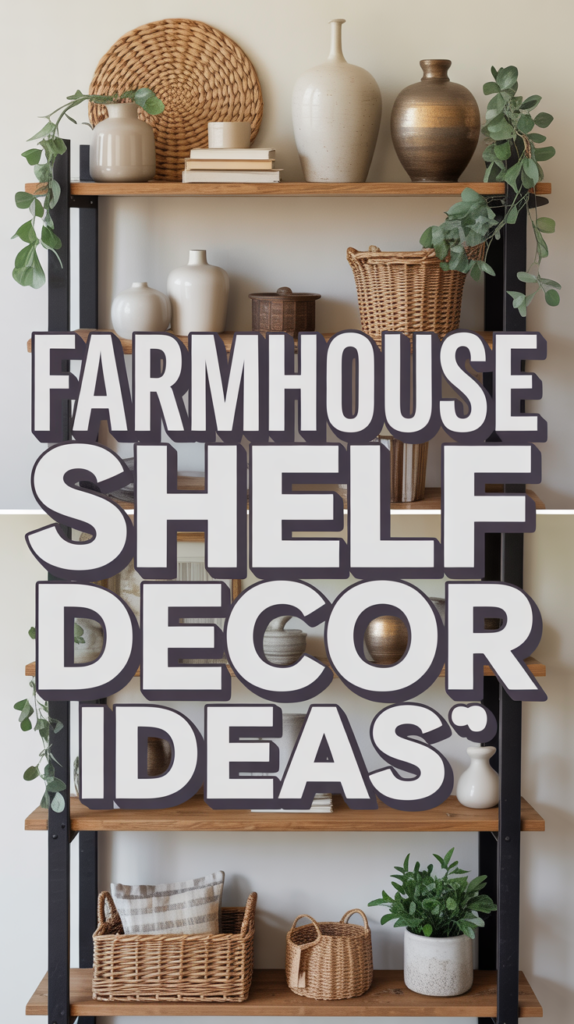 Decorative shelves featuring woven baskets, ceramic vases, and greenery with the text "Farmhouse Shelf Decor Ideas."