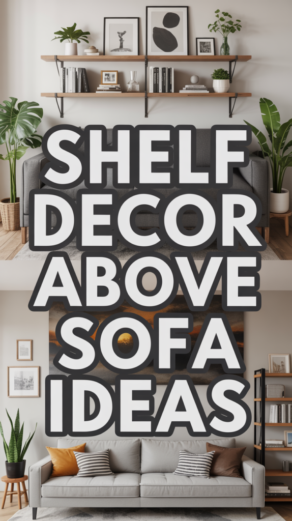 Two living room views with sofas and decorative wall shelves above, featuring framed art, plants, and various objects.