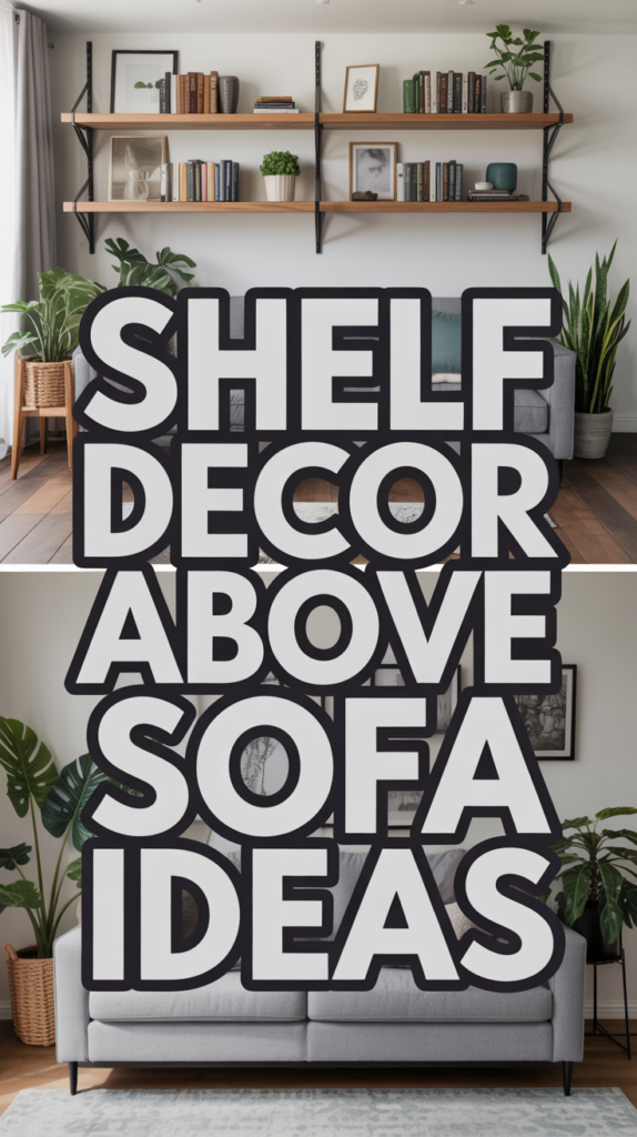 Living room with a modern sofa, plants, and decorative shelves displaying framed pictures and small objects.