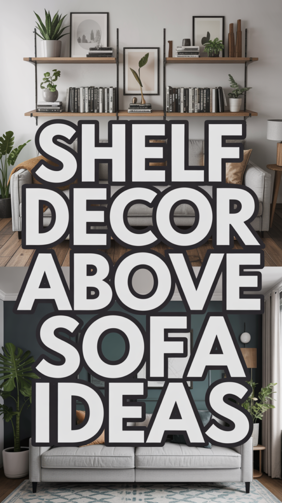 Text: "Shelf Decor Above Sofa Ideas" over a living room with a sofa, shelves, and plants.