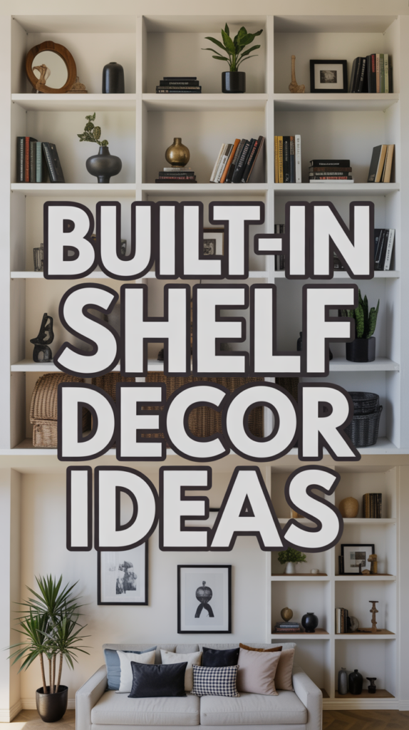 Built-in shelves with diverse decor and plants in a modern living room setting; bold text reads "Built-In Shelf Decor Ideas."