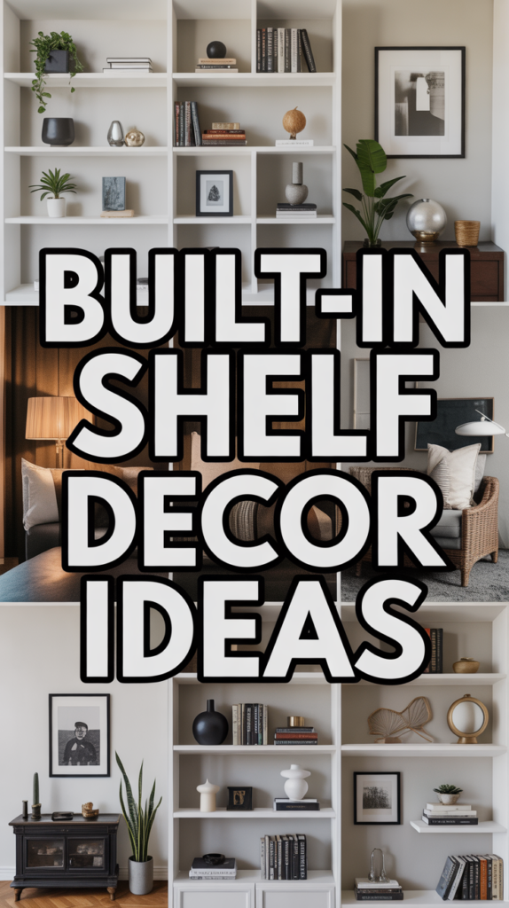 Tall white bookshelves filled with decor items like vases, books, and plants, with bold text overlay reading "Built-In Shelf Decor Ideas."