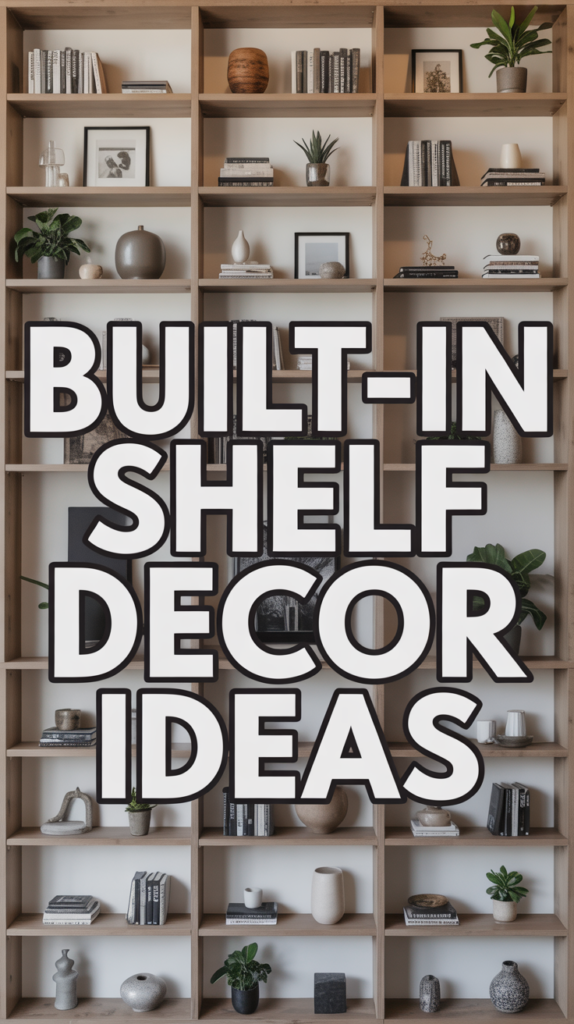 Bookshelf with books, plants, and decorative items, overlaid with text: "Built-in Shelf Decor Ideas."