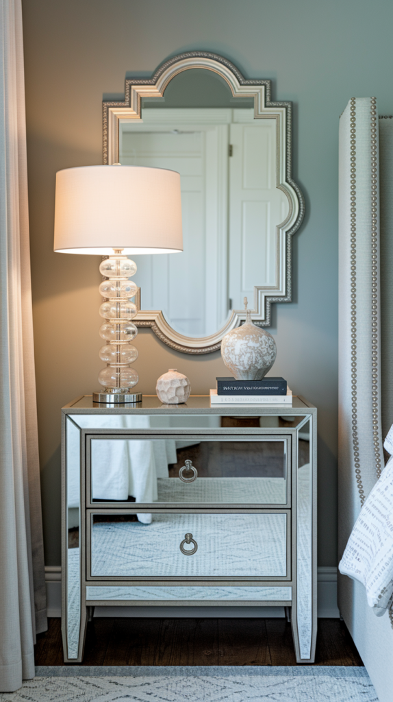 A mirrored bedside table with two drawers, topped with a lamp, decorative vase, and books, next to a stylish wall mirror.