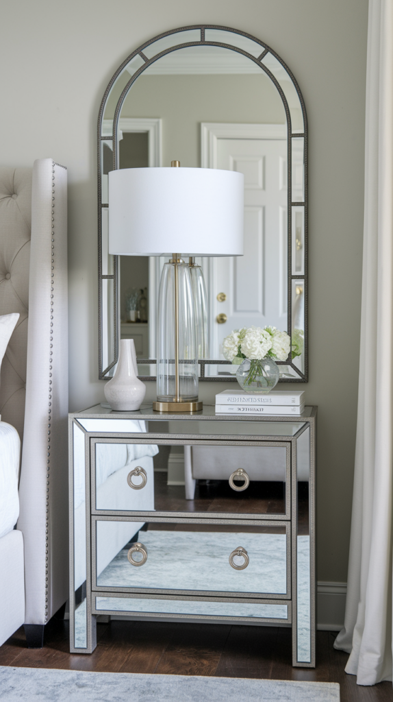Bedroom scene with a mirrored nightstand, table lamp, and decorative mirror, featuring a vase with white flowers.