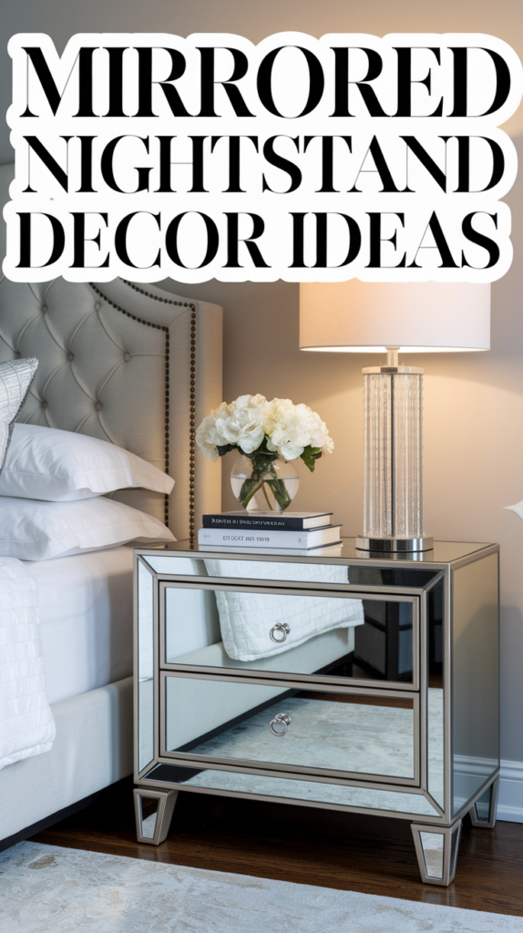 Mirrored nightstand with books, flowers, and a lamp beside a tufted bed, featuring bold text about decor ideas.