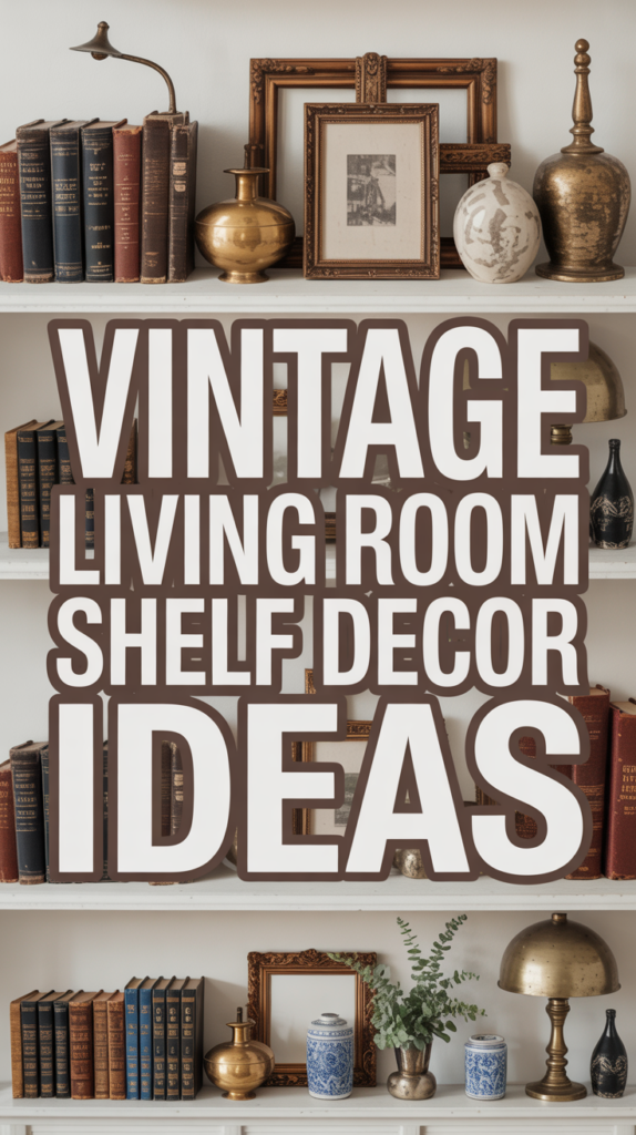 Shelves with vintage decor items like brass vases, framed art, and classic books, with bold text reading "Vintage Living Room Shelf Decor Ideas."