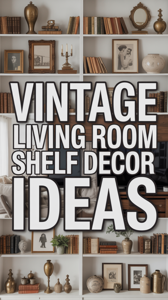 Bookshelves filled with vintage decor items like framed photos, vases, and books, with bold text overlay: "Vintage Living Room Shelf Decor Ideas."