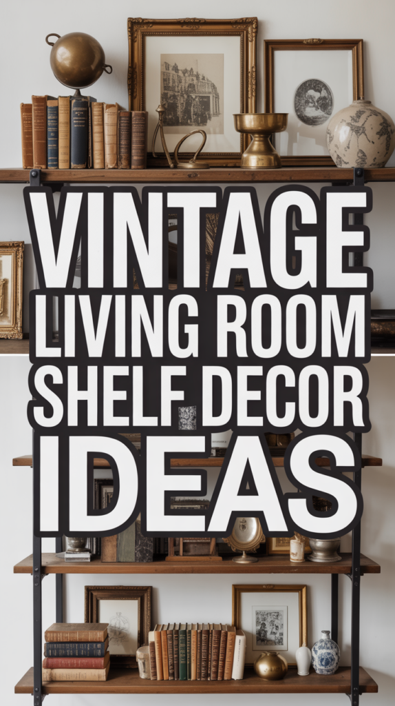 Shelves with vintage decorations including books, globe, framed photographs, and a brass lamp.