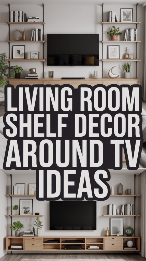Decorated living room shelves flank a wall-mounted TV, featuring books, plants, and framed art.