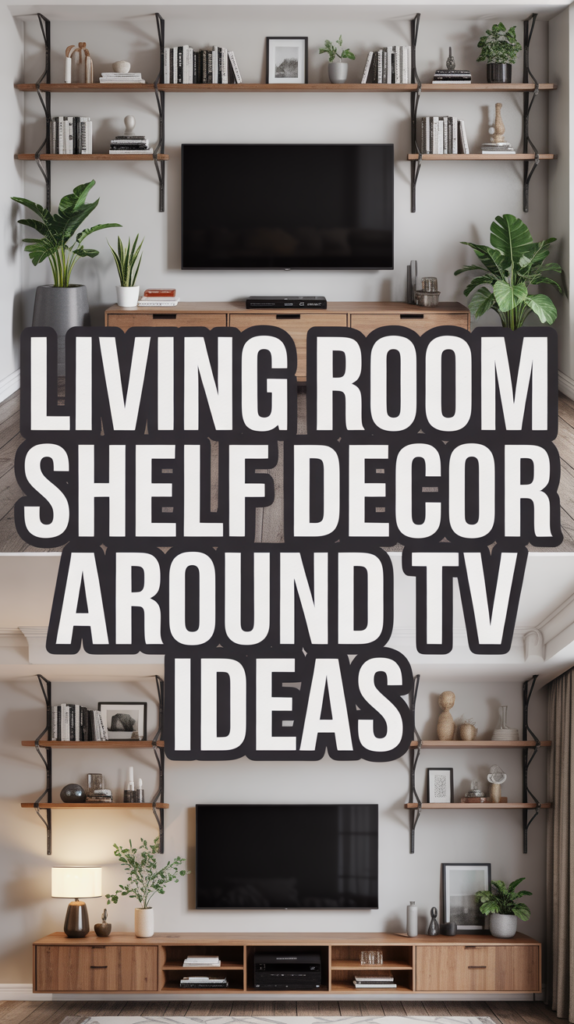 Living room featuring wooden shelves with books and plants around a wall-mounted TV.