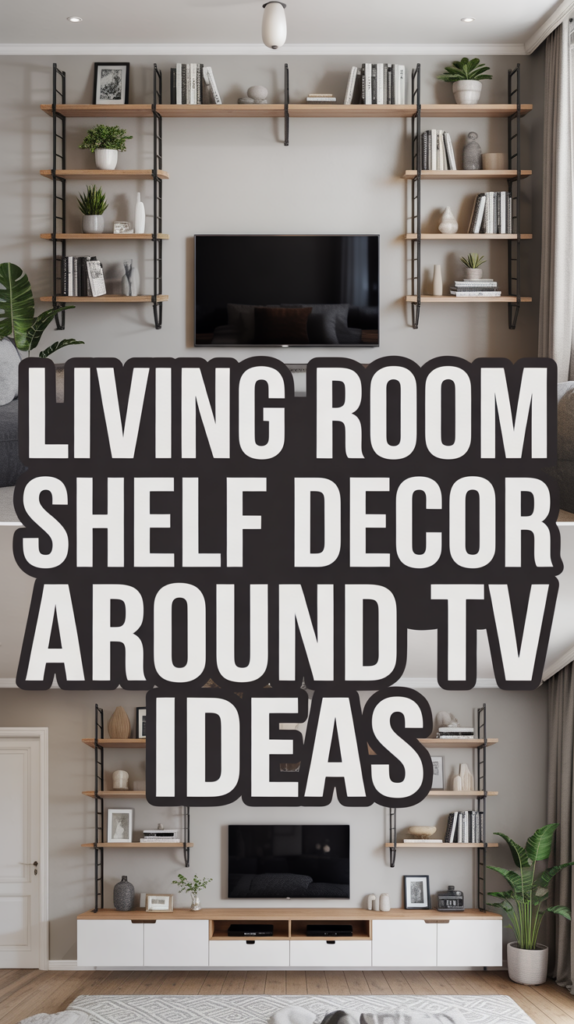 Living room with shelves holding plants, books, and decor, surrounding a wall-mounted TV.