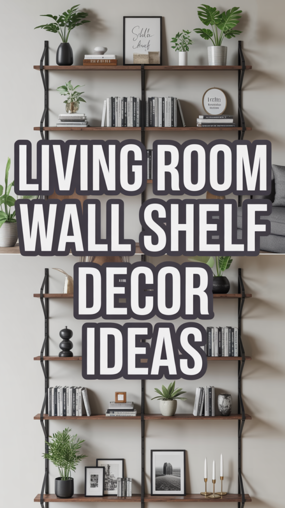 Stylish wall shelves with books, plants, and framed art, showcasing living room decor ideas.