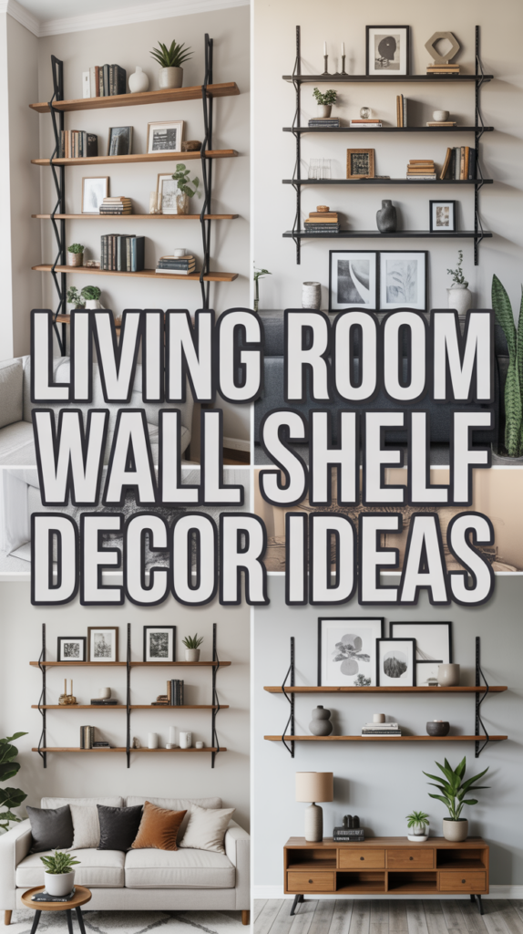Collage of four living room wall shelf designs with decorative items like plants, photos, and books.