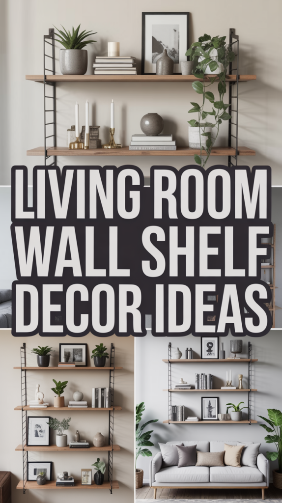 Collage of modern living room wall shelf decor ideas with plants, books, and art.