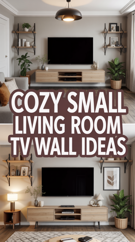 Two small living rooms with mounted TVs, shelves with decor, plants, and wooden consoles. Text overlay reads "Cozy Small Living Room TV Wall Ideas."