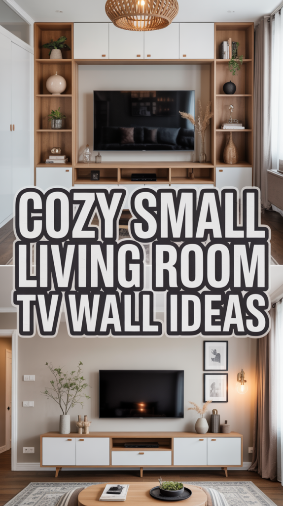 Living room with a wooden TV unit, decor accents, and a wall-mounted TV, featuring minimalist and cozy design elements.