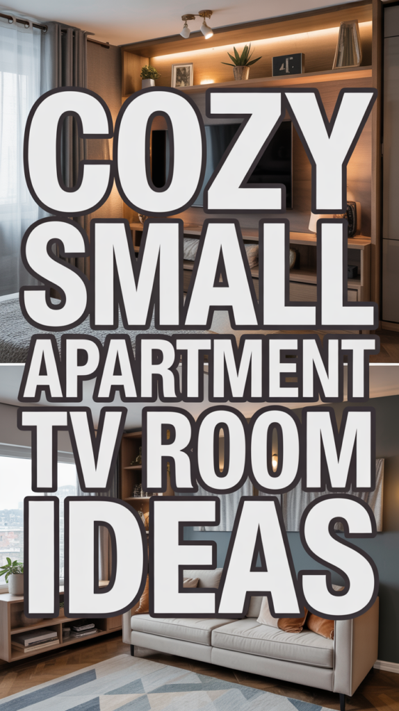 A cozy apartment TV room with modern decor, a large sofa, and a wall-mounted TV. Text overlay reads "Cozy Small Apartment TV Room Ideas."