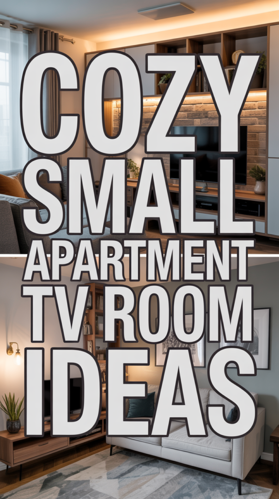 Text stating: "Cozy Small Apartment TV Room Ideas" over a split background showing two different living room setups.