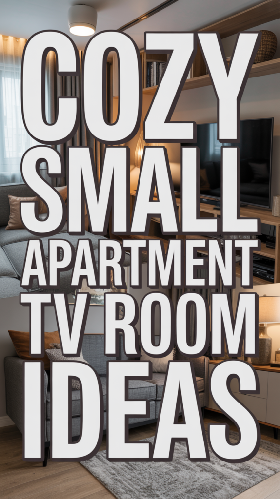 Large text overlay on a living room scene reads, "Cozy Small Apartment TV Room Ideas."