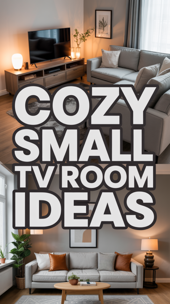 Modern small TV room with gray sofas, wooden furniture, and warm lighting, featuring large text: "Cozy Small TV Room Ideas."
