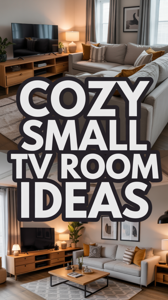 Split image showing two cozy small TV room setups with modern furniture, soft lighting, and neutral color palettes; bold text: "Cozy Small TV Room Ideas."