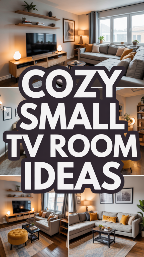 Collage of cozy small TV room designs featuring a sectional sofa, wooden shelves, and warm lighting.