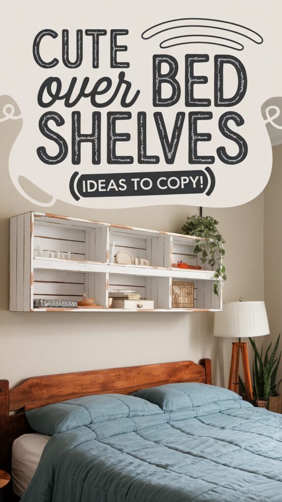 Cozy bedroom with a rustic overbed shelf displaying decor items above a wooden bed with a blue quilt.