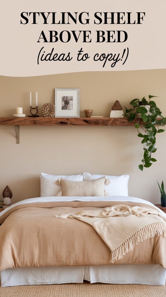 A bedroom with a wooden shelf above the bed displaying candles, a framed picture, and plants; text reads "Styling Shelf Above Bed (ideas to copy!)."