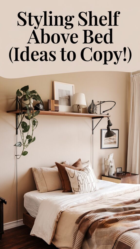 Bedroom with a wooden shelf above the bed, featuring potted plants and various decorative items.
