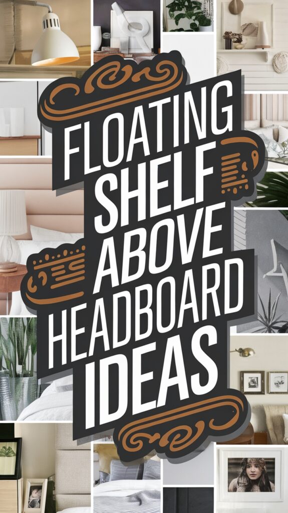 Collage of bedroom designs with text overlay: "Floating Shelf Above Headboard Ideas."