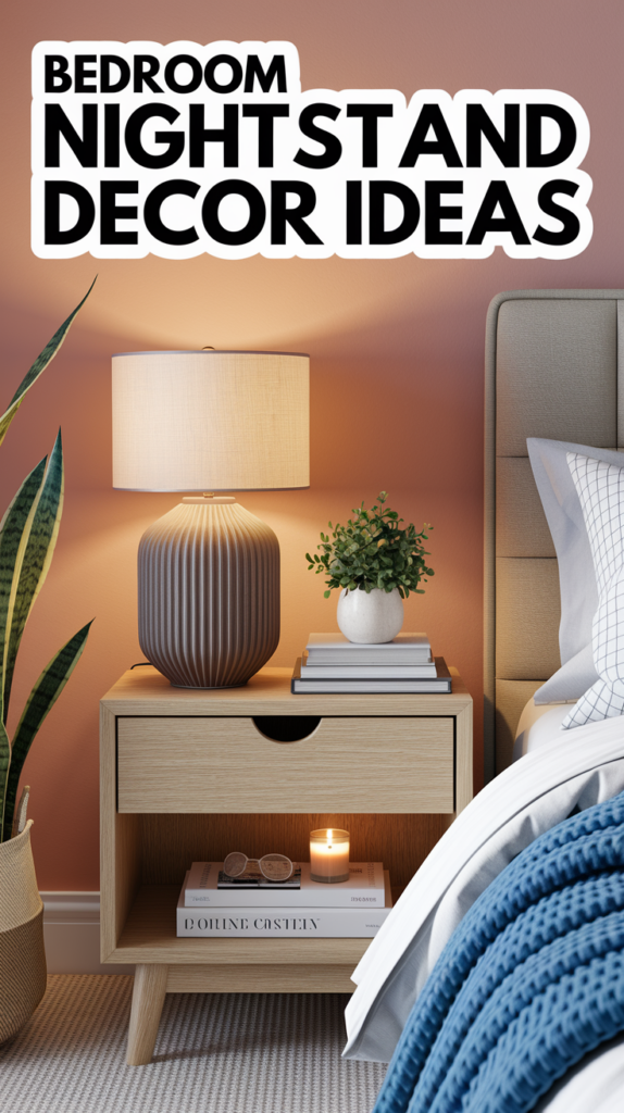 A cozy bedroom scene with a wooden nightstand, lamp, plant, candle, and book; text reads "Bedroom Nightstand Decor Ideas."