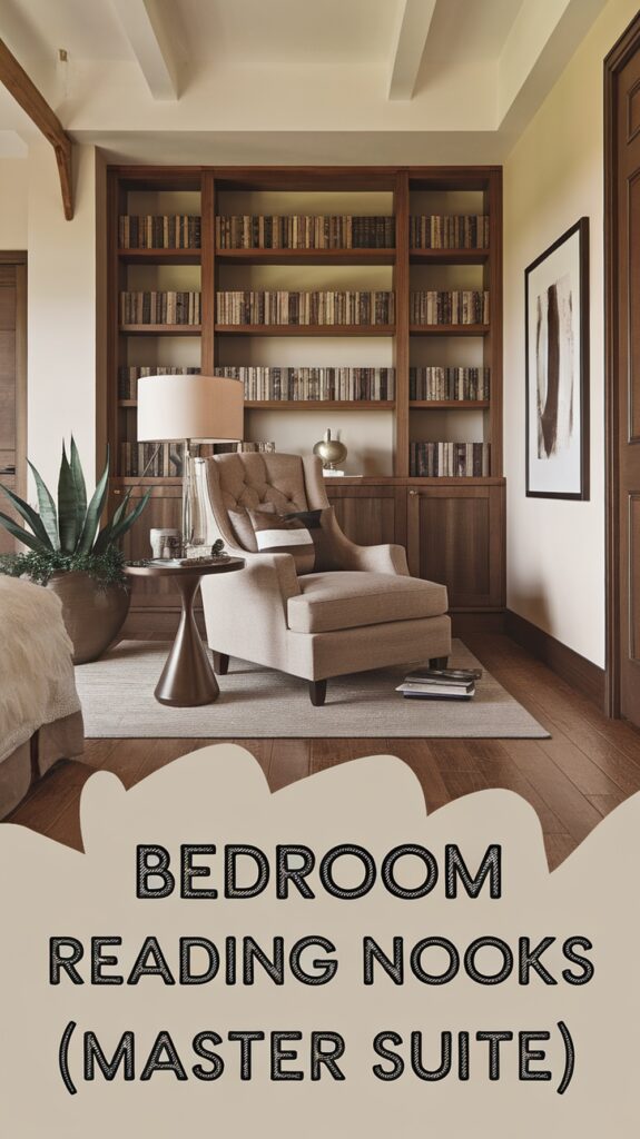 A cozy reading nook in a master bedroom with a beige armchair, side table, and a wall of bookshelves.
