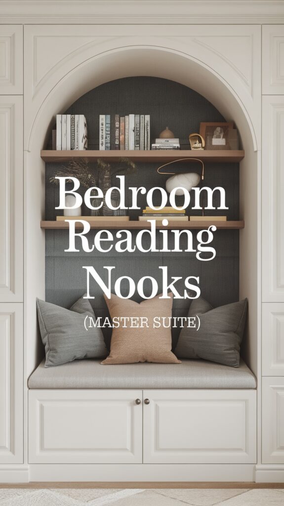 Built-in reading nook with cushions, bookshelves, and the text "Bedroom Reading Nooks (Master Suite)" overlaid.