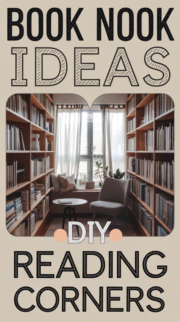 Cozy reading nook between tall bookshelves with a chair and table by a window. Text: "Book Nook Ideas, DIY Reading Corners."