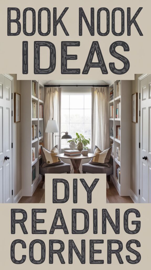 A cozy reading nook with two chairs, a small table, and a large window; text reads "Book Nook Ideas DIY Reading Corners."
