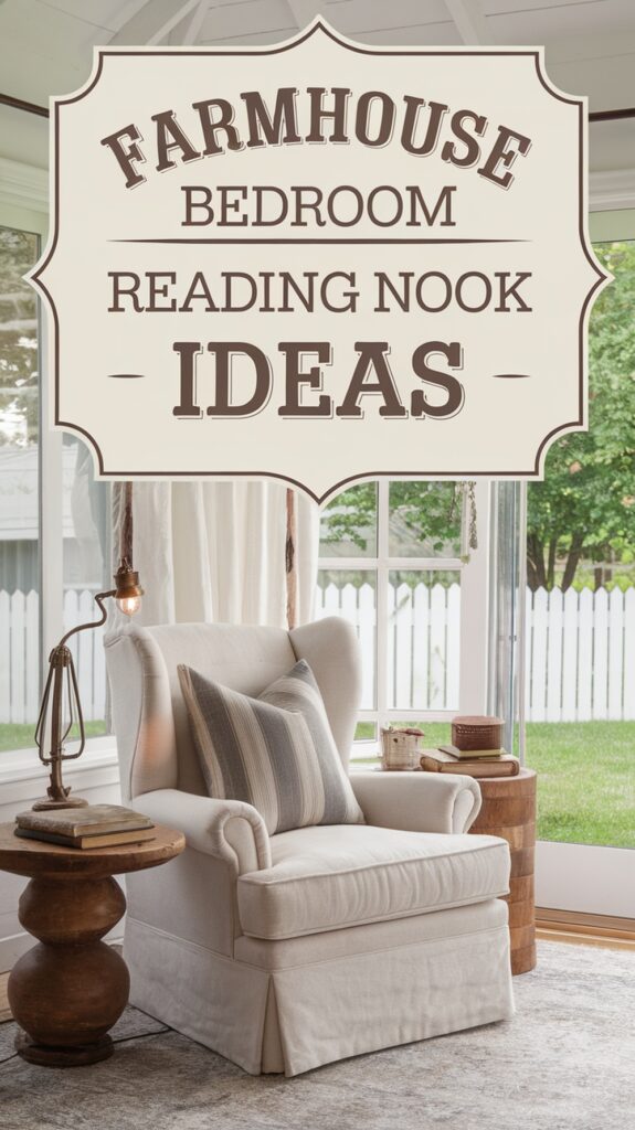A cozy reading nook with a white armchair, a side table, and a spool lamp in a bright room with garden views.