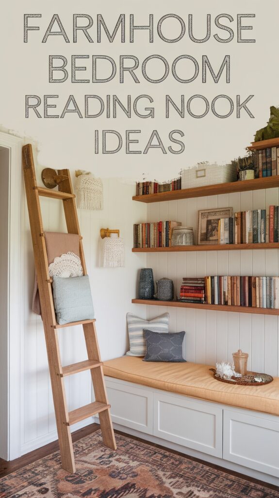 A cozy farmhouse reading nook with a wooden ladder, pillows on a cushioned bench, bookshelves, and decorative pillows.