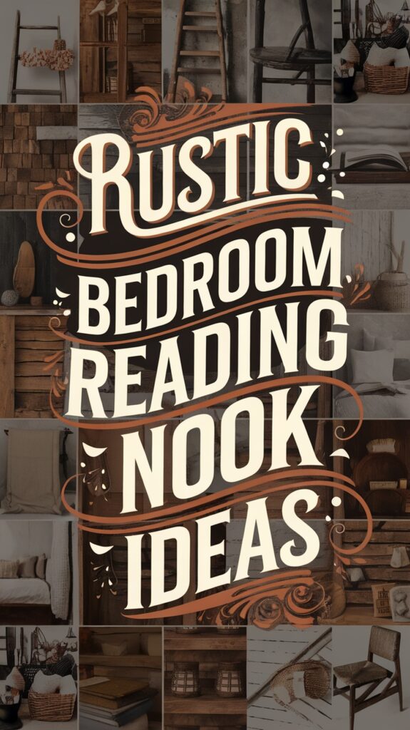 Collage of rustic bedroom and reading nook decor with bold text stating "Rustic Bedroom Reading Nook Ideas."