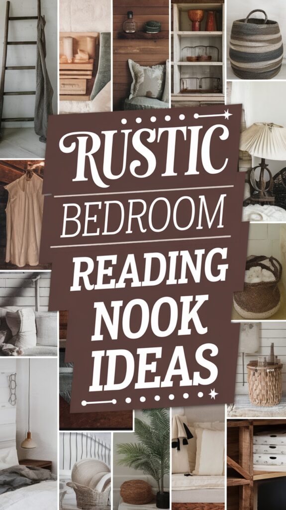 Collage of rustic bedroom reading nook ideas with cozy decor, wooden accents, and baskets, centered text says "Rustic Bedroom Reading Nook Ideas."