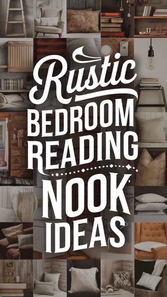 Collage of rustic bedroom reading nook ideas, featuring modern rustic furniture and cozy decor elements.