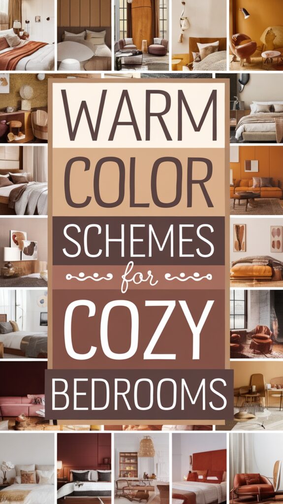 Collage of cozy bedrooms in warm colors around text: "Warm Color Schemes for Cozy Bedrooms."