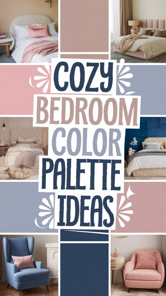 Collage of cozy bedrooms showcasing pastel color palettes, featuring beds and chairs in soft pink, blue, and beige tones.