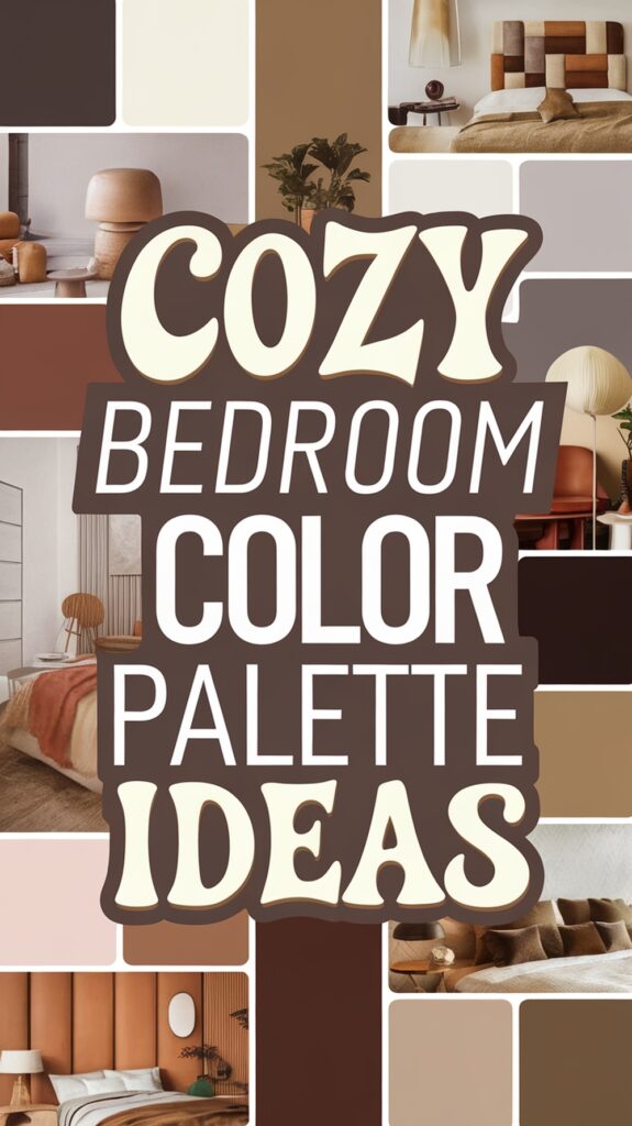 Collage of cozy bedroom color palette ideas in warm, earthy tones.