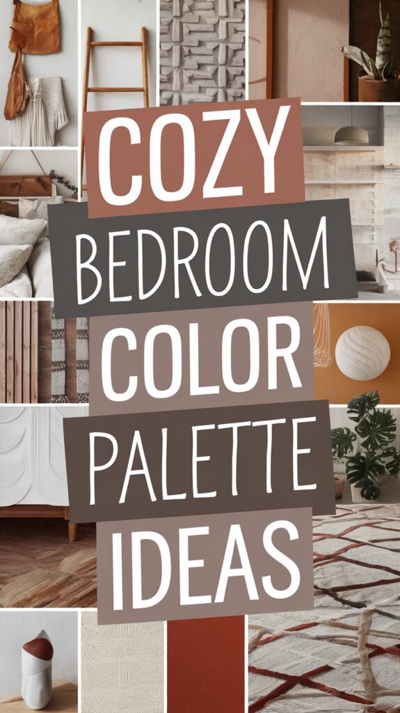 Collage of cozy bedroom decor highlighting warm earth tones and textures with text "Cozy Bedroom Color Palette Ideas."