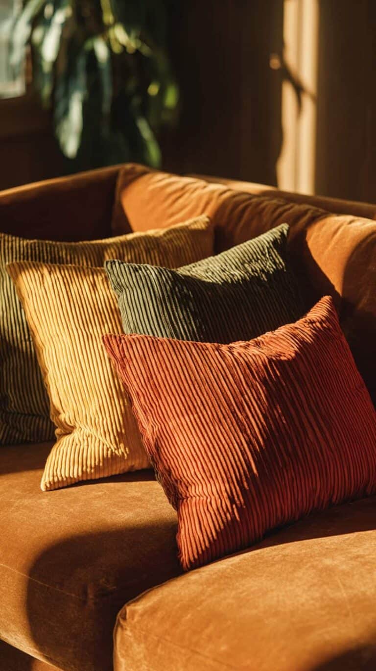 Three corduroy pillows in yellow, green, and orange on a beige sofa, bathed in warm sunlight.