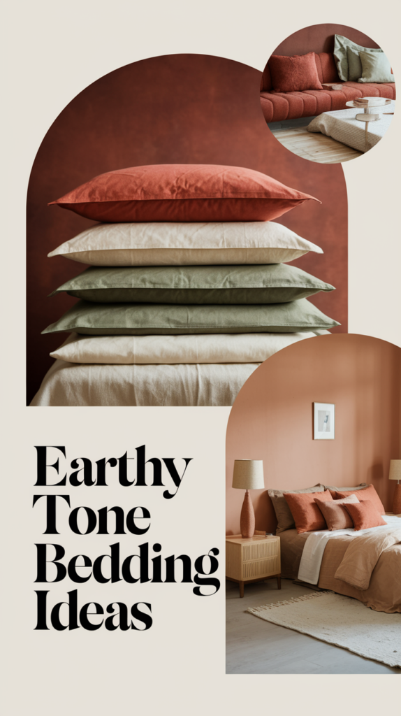 Stack of pillows in earth tones; inset images show a bedroom with matching decor text: "Earthy Tone Bedding Ideas."