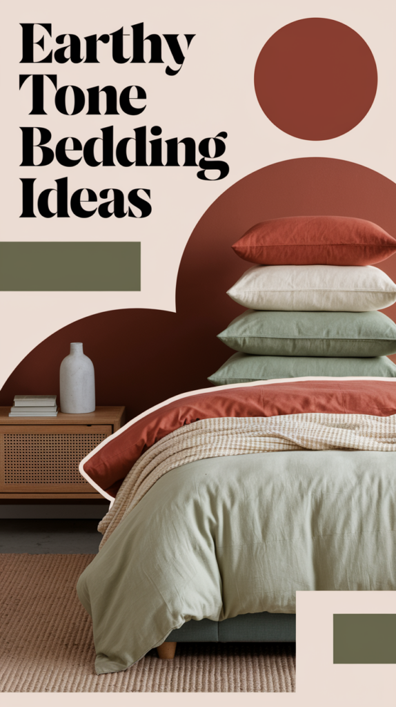 Stacked pillows and bedding in warm earth tones, with text saying "Earthy Tone Bedding Ideas."